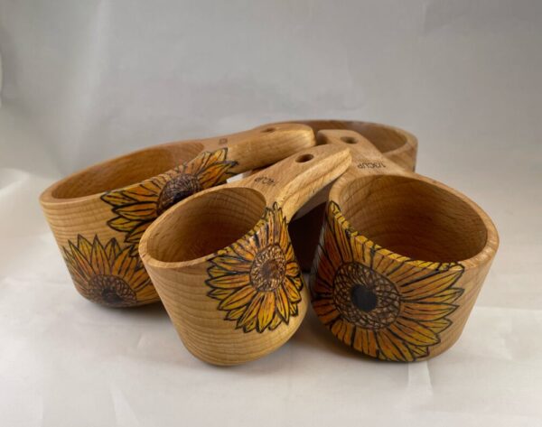 Sunflowers Wood Burned Measuring Cup Set