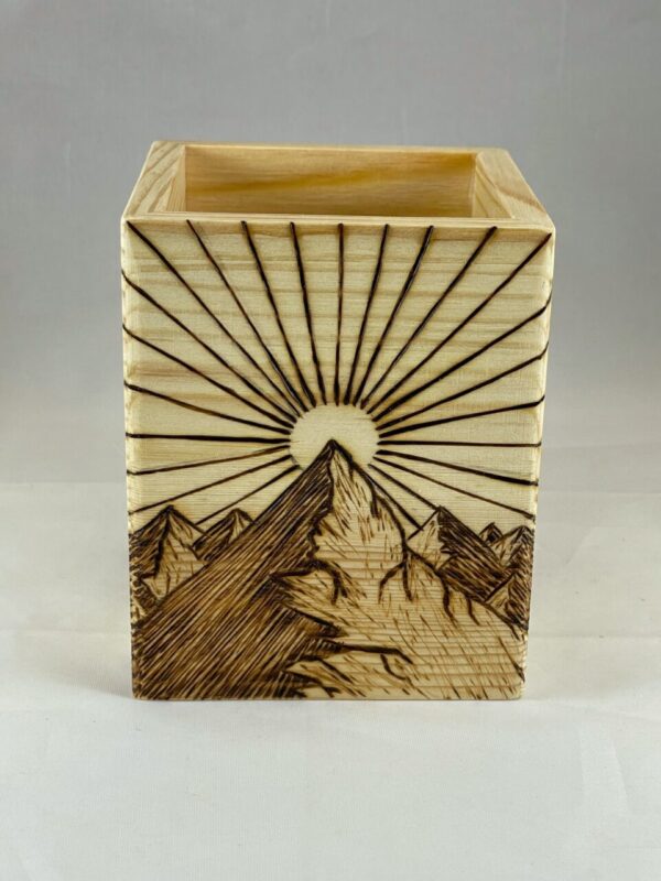 Mountains & Geometric Sunrise/Sunset Wood Burned Penholder