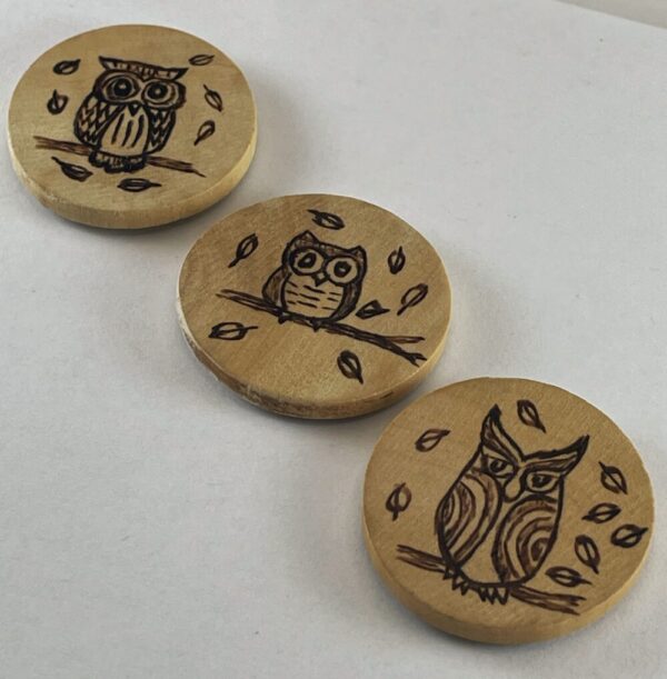 Owl Mandala Burned Magnets, set of 3