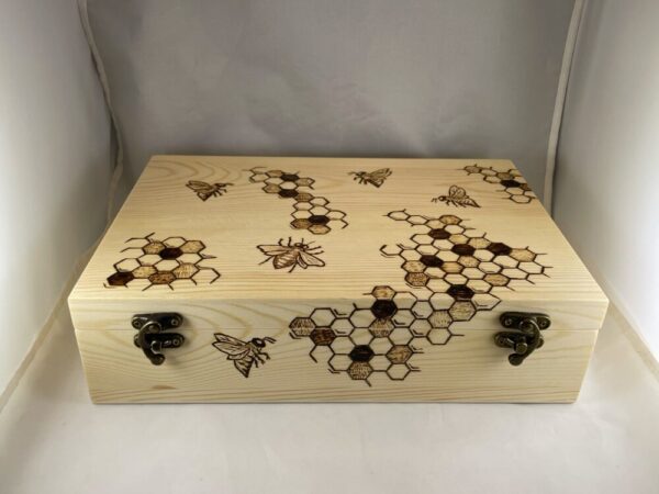 Honeybee Honeycomb Large Wood Burned Trinket Box