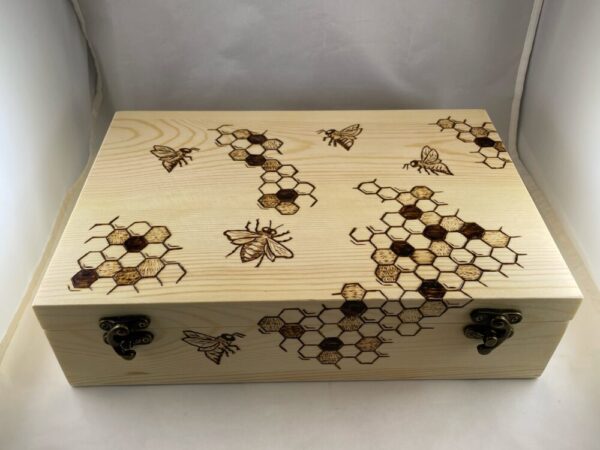 Honeybee Honeycomb Large Wood Burned Trinket Box