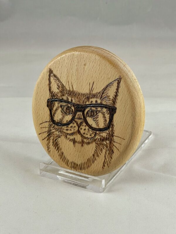 Hipster Cat w/ Glasses Wood Burned Bottle Opener