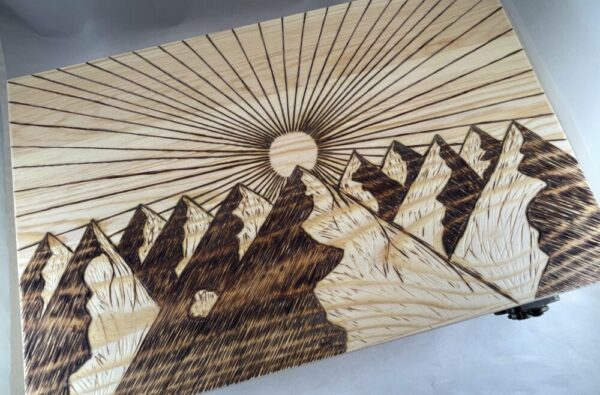 Mountains + Geometric Sun Large Wood Burned Trinket Box