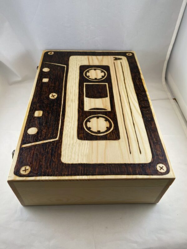Retro 80s 90s Cassette Tape Wood Burned Trinket Box