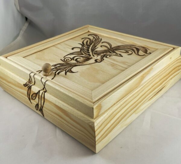 Phoenix Rising Wood Burned Jewelry Box- Lid and Fold Out Mirror