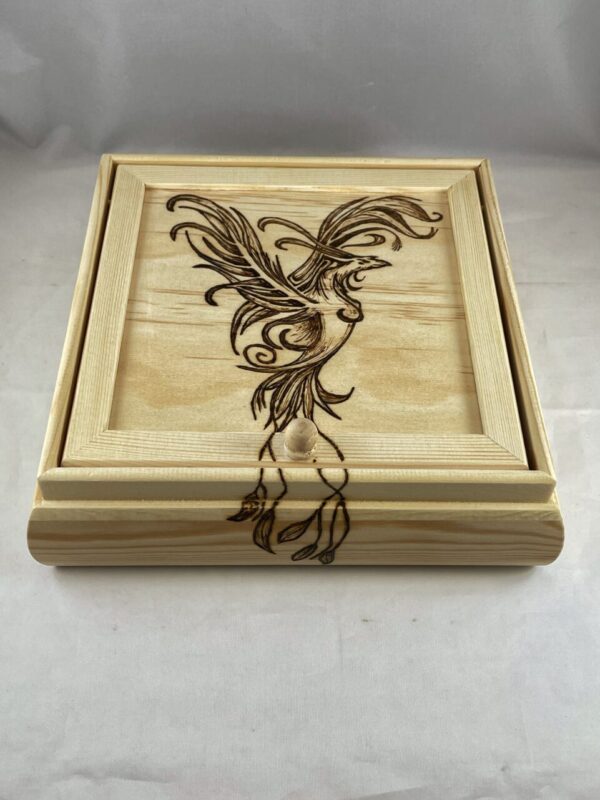Phoenix Rising Wood Burned Jewelry Box- Lid and Fold Out Mirror