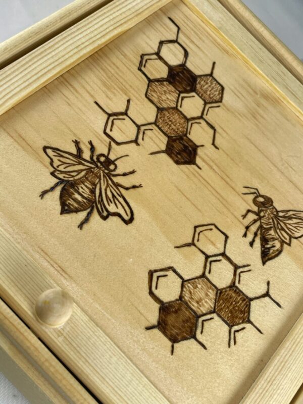 Honeybee Honeycomb Wood Burned Jewelry Box- Lid and Fold Out Mirror