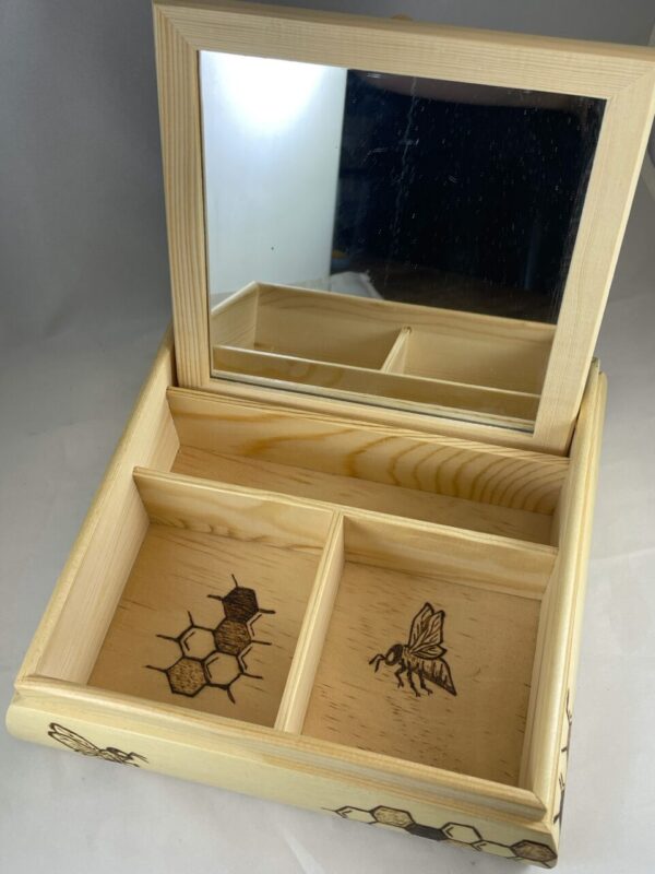 Honeybee Honeycomb Wood Burned Jewelry Box- Lid and Fold Out Mirror