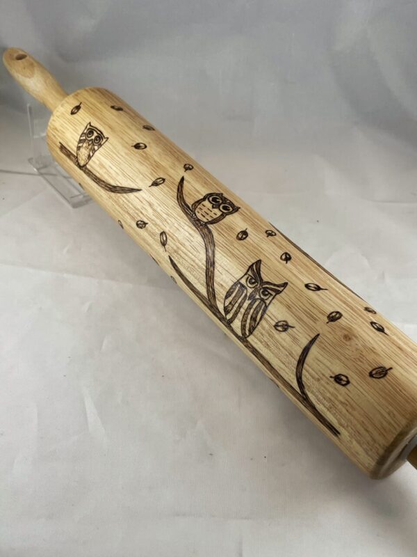 Owls on Leafy Branches Wood Burned Rolling Pin