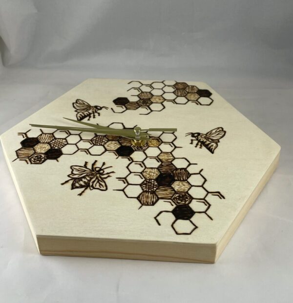 Honeybee Honeycomb Hexagon Wood Burned Clock