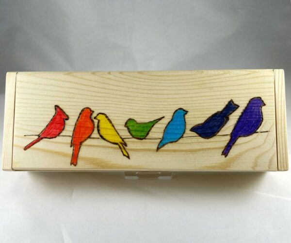 Rainbow Bird Line Wood Burn Trinket Box