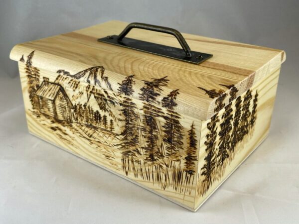 Cabin, Mountains, Pine Tree Forest Wood Burned Trinket Box