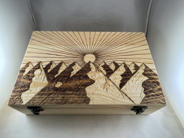 Mountains + Geometric Sun Large Wood Burned Trinket Box