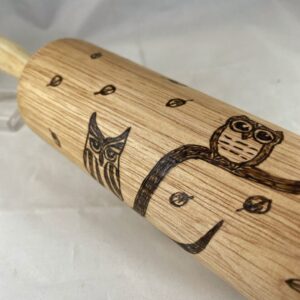 Owls on Leafy Branches Wood Burned Rolling Pin