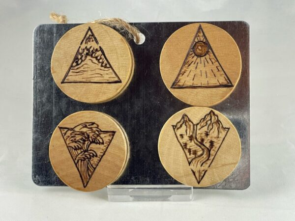 Four Elements Wood Burned Magnets, set of 4