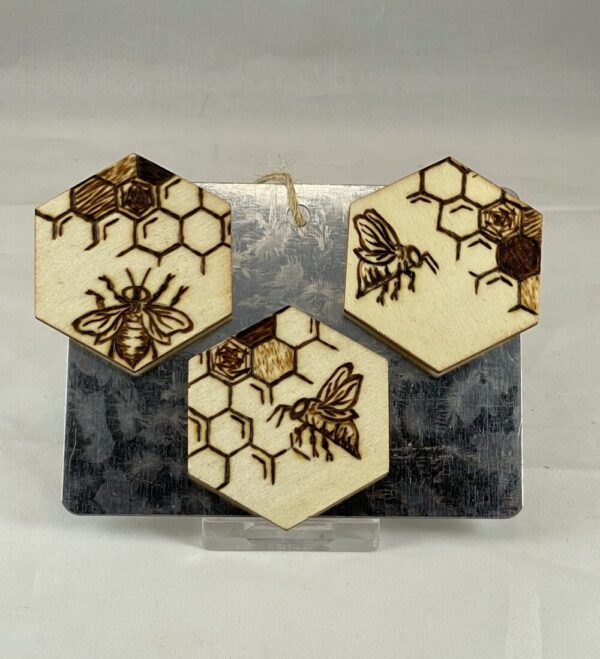 Honeybee Honeycomb Hexagon Wood Burned Magnets, set of 3