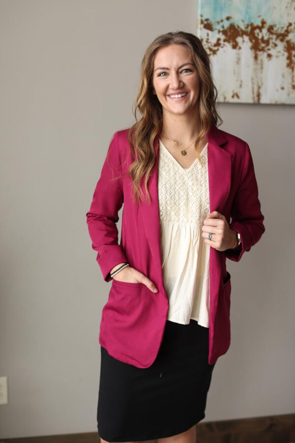 Wine Woven Open Front Lined Classic Blazer