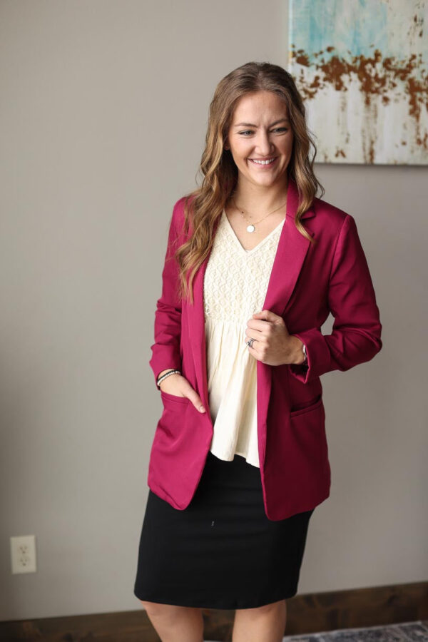 Wine Woven Open Front Lined Classic Blazer