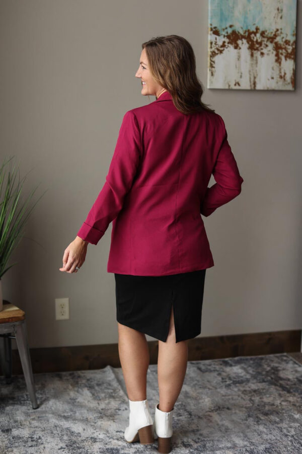 Wine Woven Open Front Lined Classic Blazer