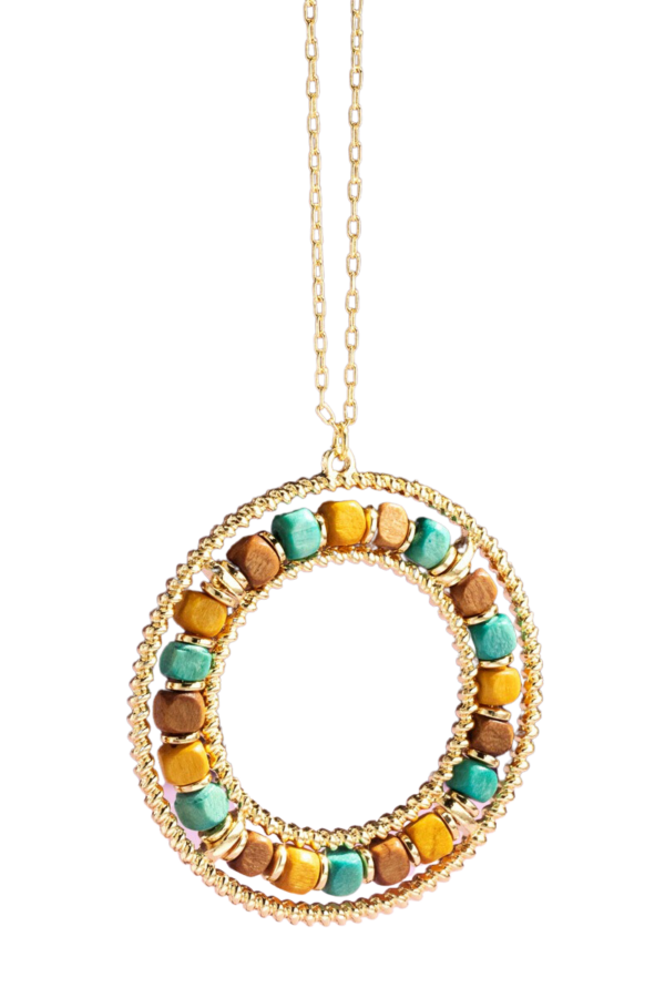 Turquoise Gold Stone Circle Long Necklace