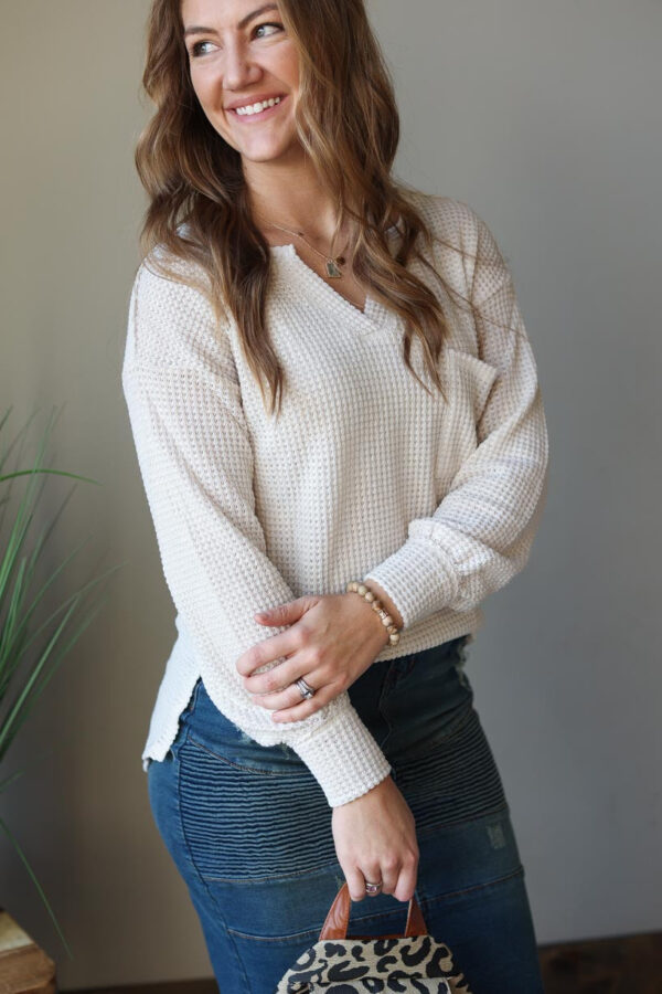 Beige Waffle Knit Split Neck Long Sleeve Top, XL or 2XL PLUS