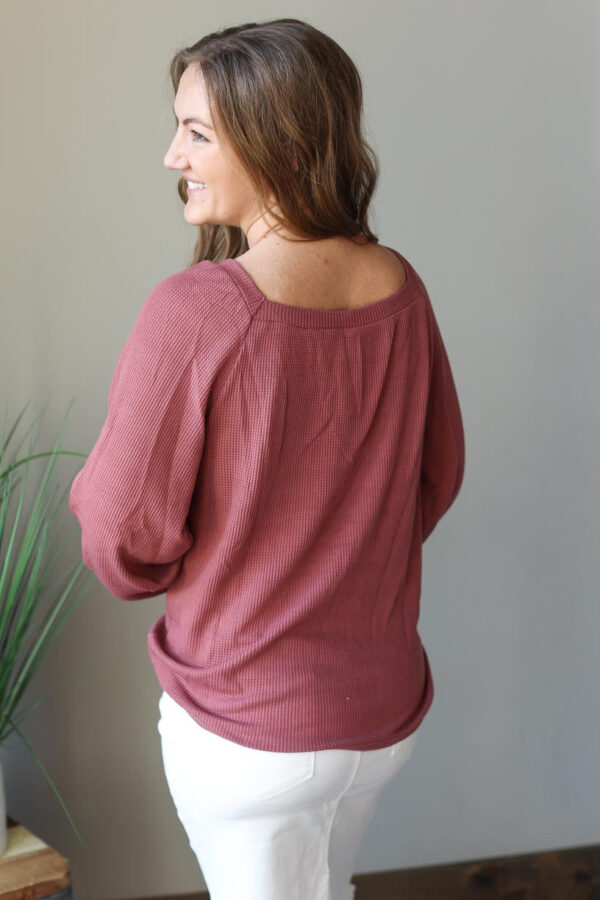 Mauve Square Neck Puff Sleeve Waffle Spring Top, S-2XL PLUS