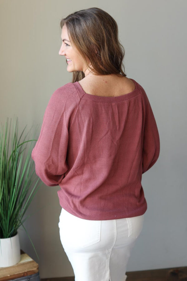 Mauve Square Neck Puff Sleeve Waffle Spring Top, S-2XL PLUS