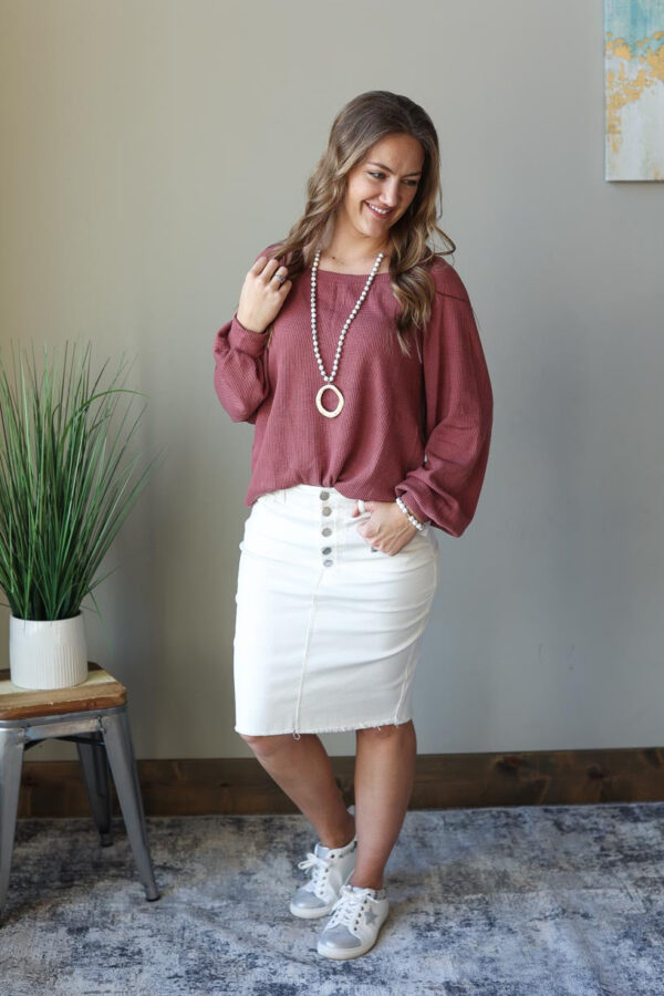 Mauve Square Neck Puff Sleeve Waffle Spring Top, S-2XL PLUS