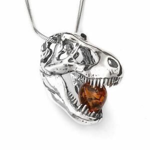 T-rex Dinosaur Skull Sterling Silver Necklace with Amber