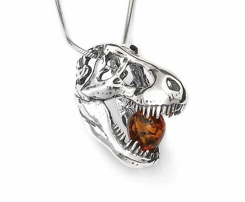 T-rex Dinosaur Skull Sterling Silver Necklace with Amber