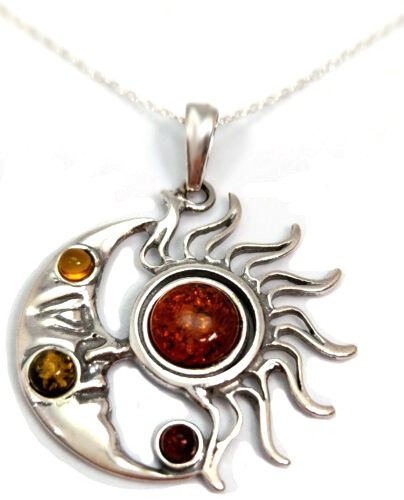 Sun and Moon Necklace in Multicolor Baltic Amber and Sterling Silver