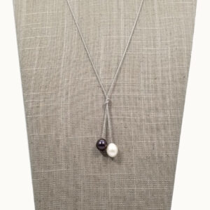 Pearl Necklace featuring Knotted Sterling Silver Chain with White and Peacock Color Pearls