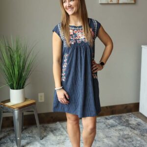 Navy White Stripe Embroidered Dress