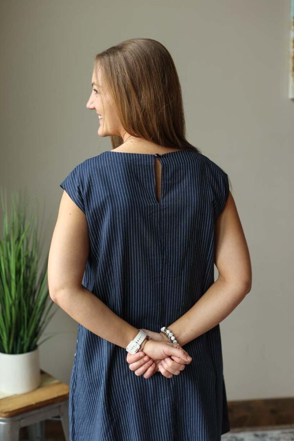 Navy White Stripe Embroidered Dress