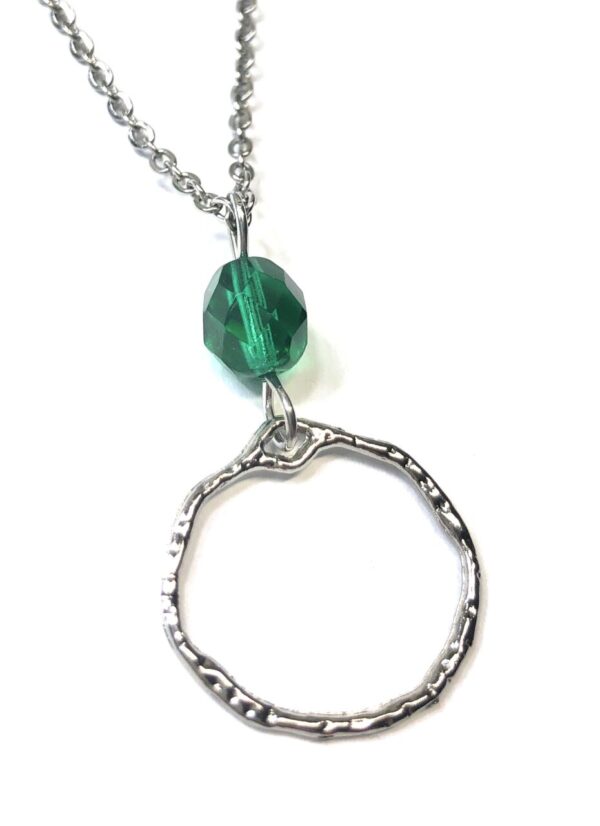 Handmade Green Emerald & Metal Circle Pendant Necklace