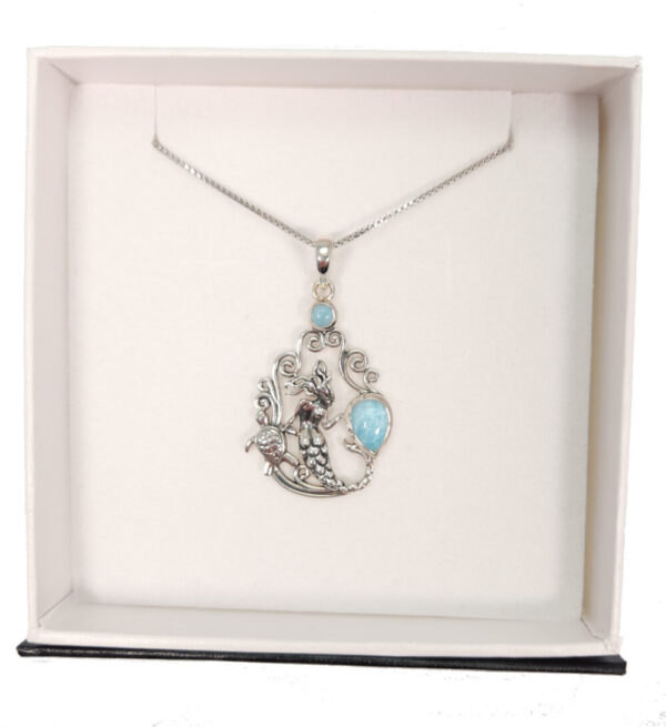 Mermaid and Sea Turtle Necklace in Larimar and Sterling Silver