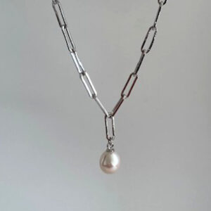 Pearl Necklace – White Fresh Water Pearl and Sterling Silver Paperclip Chain