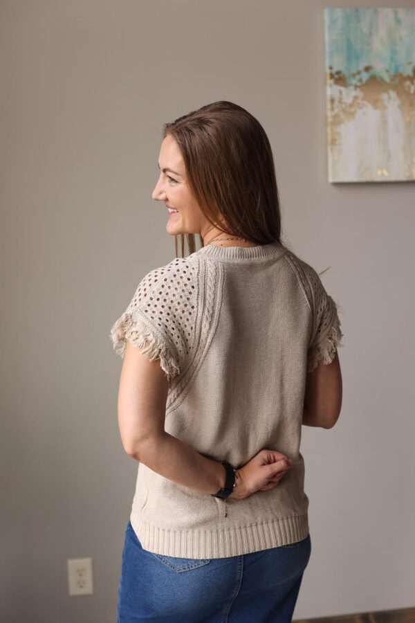 Beige Fringed Hollow Out Short Sleeve Sweater