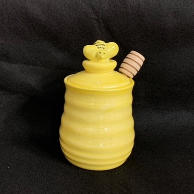 Yellow Pottery Honey Pot with Bee and Stir Stick by Artist Eileen Rooney