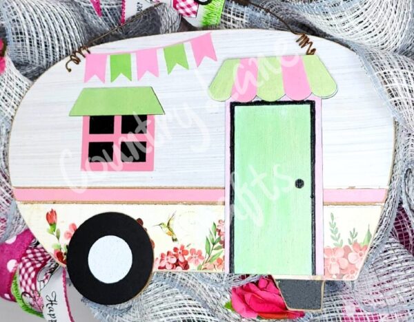 Vintage Camper Pink and Lime Mesh Front Door Décor Wreath