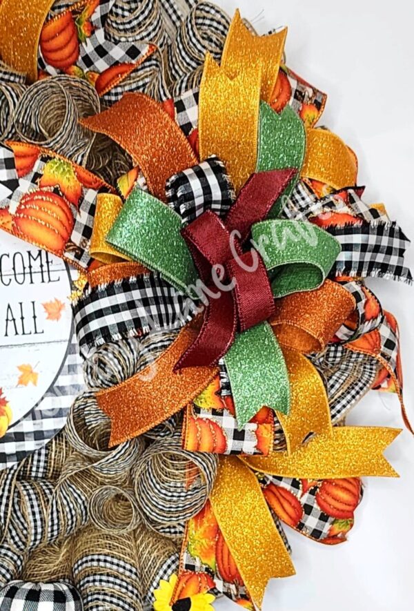 Fall Gnome Sunflower Welcome Gingham Mesh Front Door Wreath