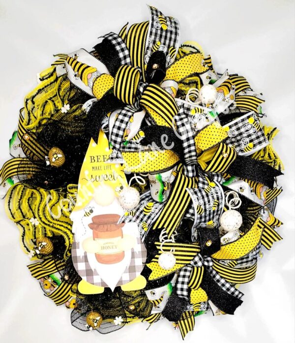 Gnome Bee Gingham Mesh Front Door Décor Wreath