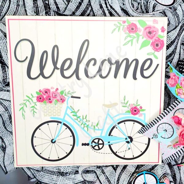 Welcome white and black mesh floral wreath with antique bicycle for front door