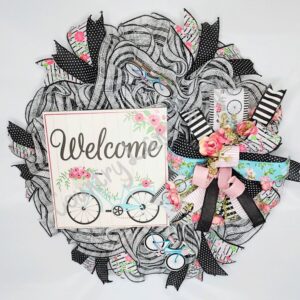 Welcome white and black mesh floral wreath with antique bicycle for front door