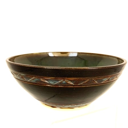 Espresso Pottery Bowl with Blue Trim and Deep Green Interior by Artist Terry Ferris