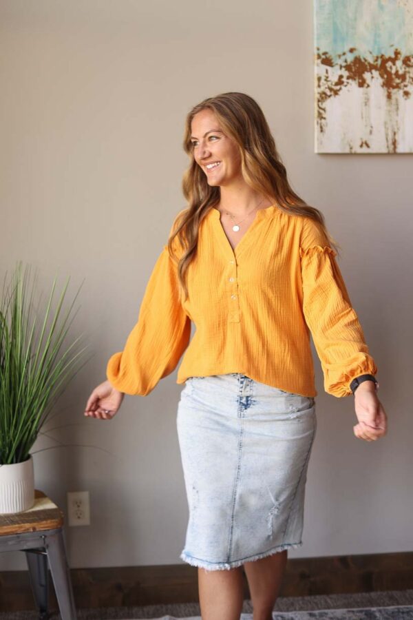 Mustard Balloon Long Sleeve Crinkled Top • S-2XL PLUS