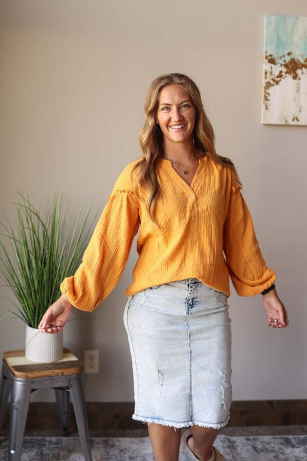 Mustard Balloon Long Sleeve Crinkled Top • S-2XL PLUS