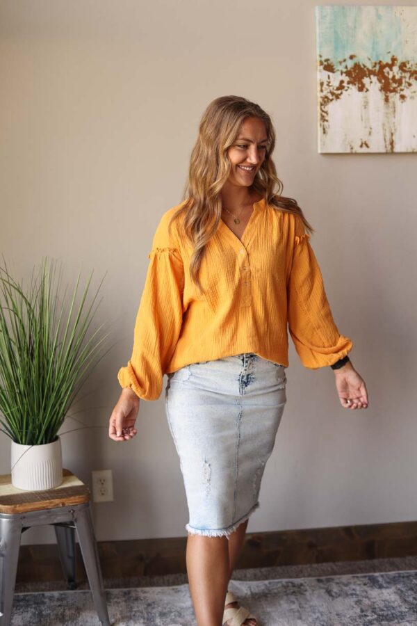 Mustard Balloon Long Sleeve Crinkled Top • S-2XL PLUS
