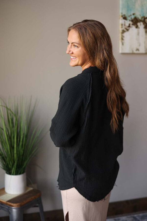 Black Crinkle Button Up Top