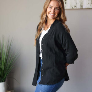 Black Crinkle Button Up Top